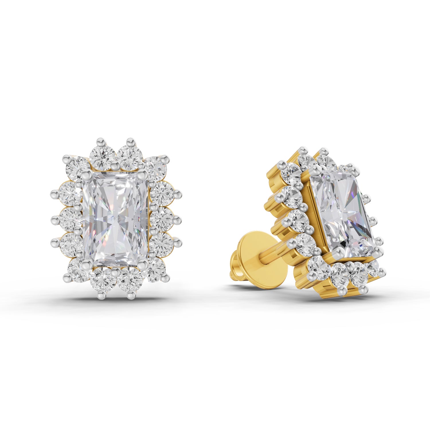 1.86 Ct Emerald Shape Halo Diamond Stud Earrings | 14K Rose Gold