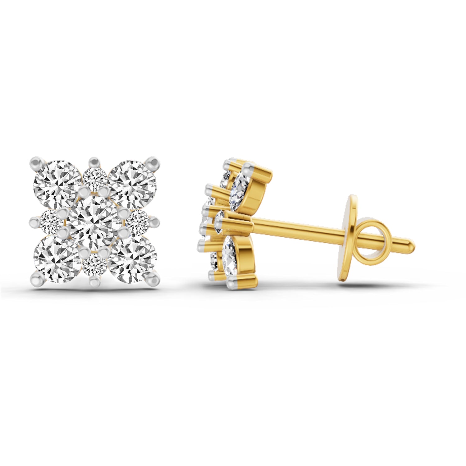1.07 Ct Round Cluster Square Shpae Earrings | 14K Yellow Gold