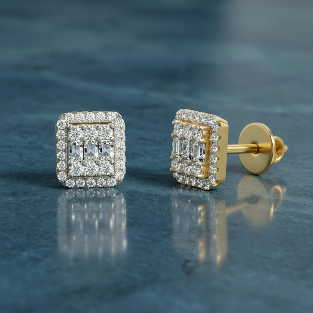 0.45 Ct Baguette Shape Cluster Diamond Earrings | 14K Rose Gold