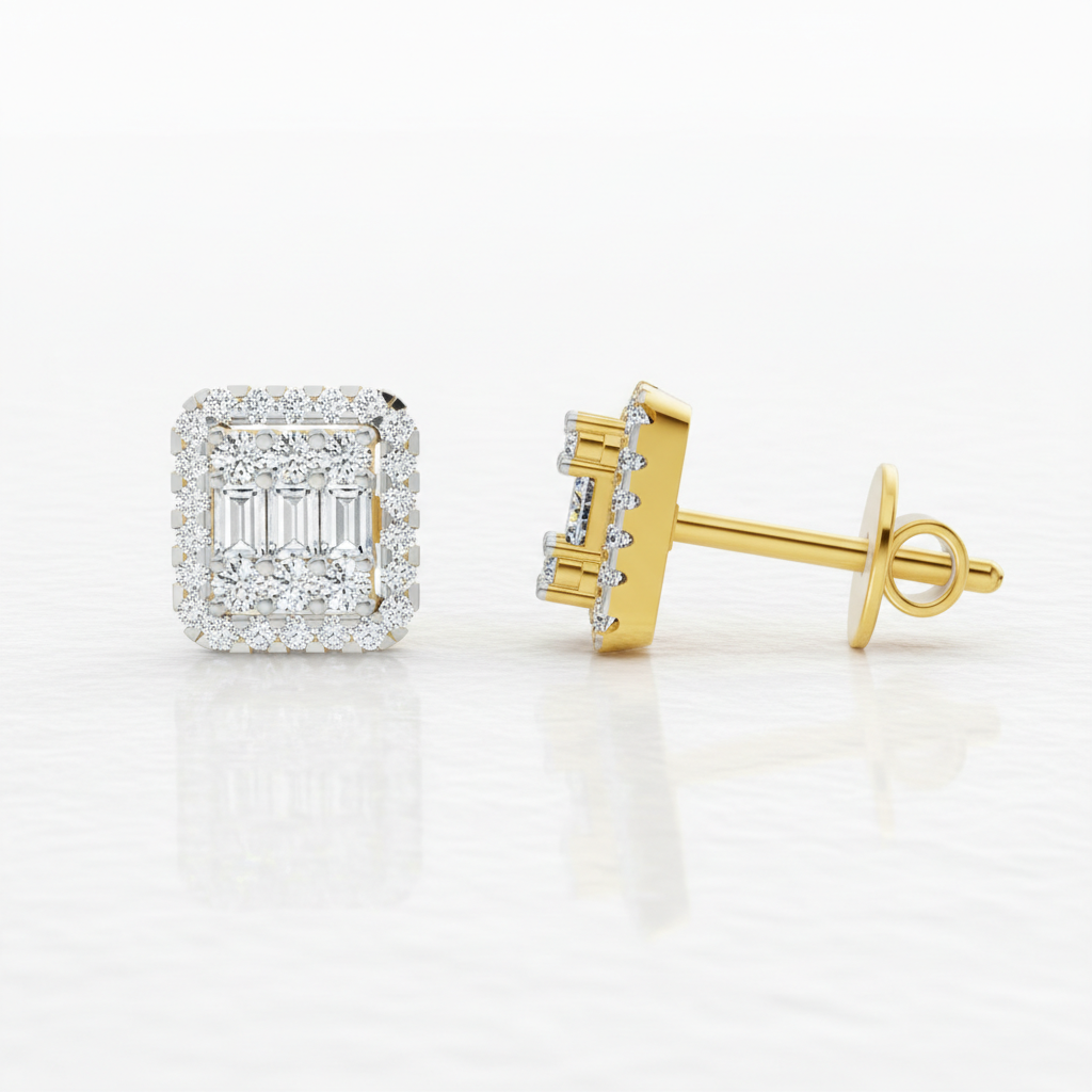 0.45 Ct Baguette Shape Cluster Diamond Earrings | 14K Rose Gold
