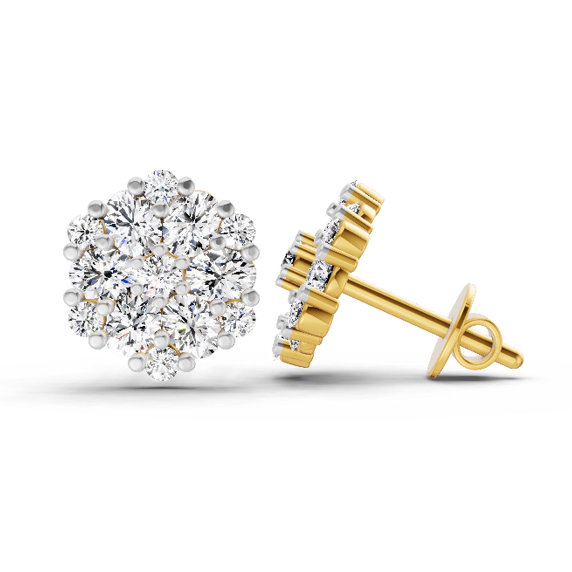 2.14 Ct Round Cluster Stud Earrings | 14K Yellow Gold