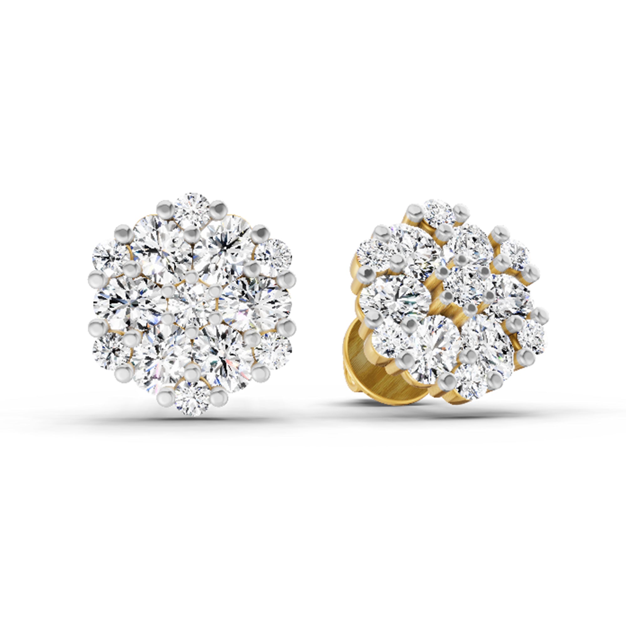 2.14 Ct Round Cluster Stud Earrings | 14K Yellow Gold