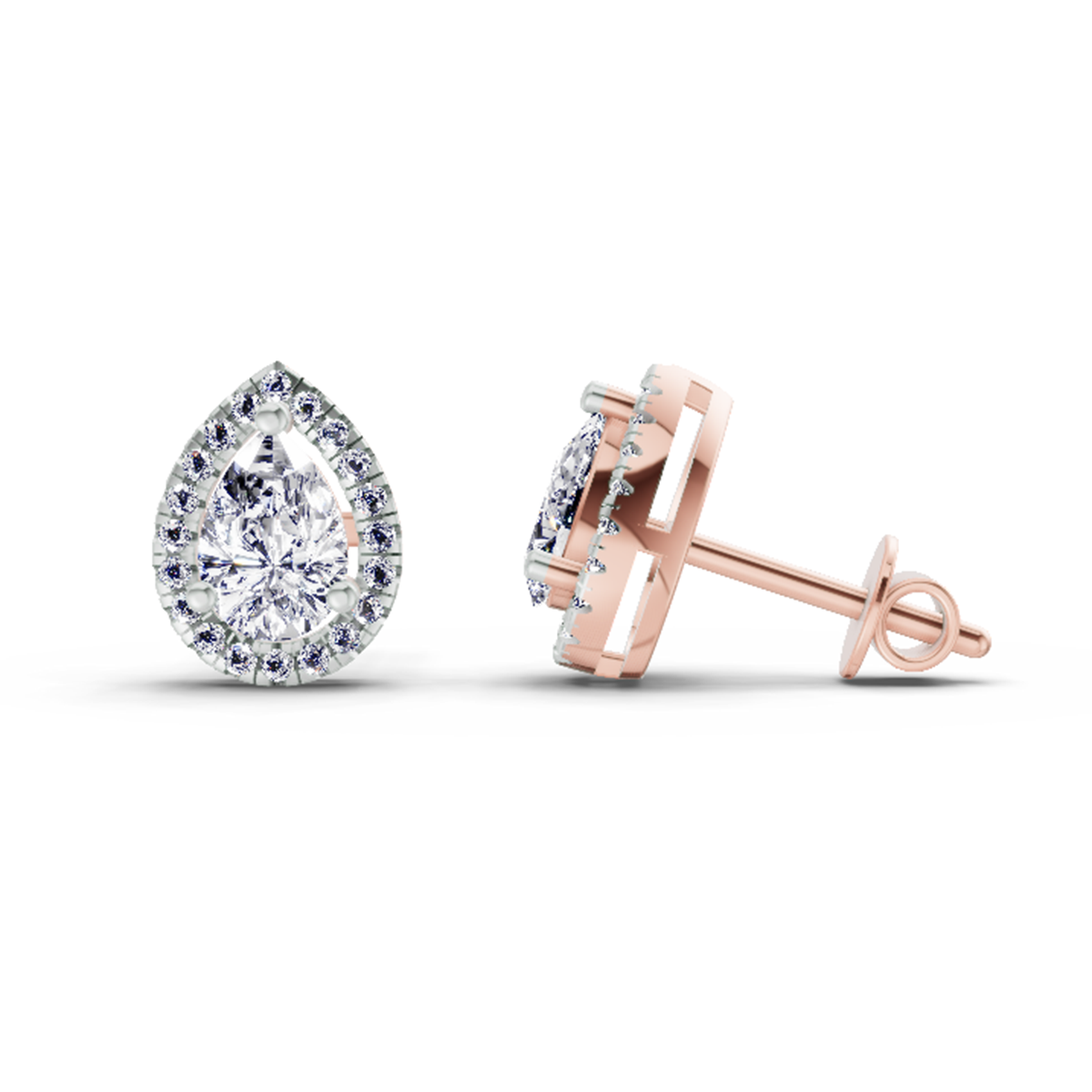 1.72 Ct Pear Halo Stud Earrings | 14K Rose Gold