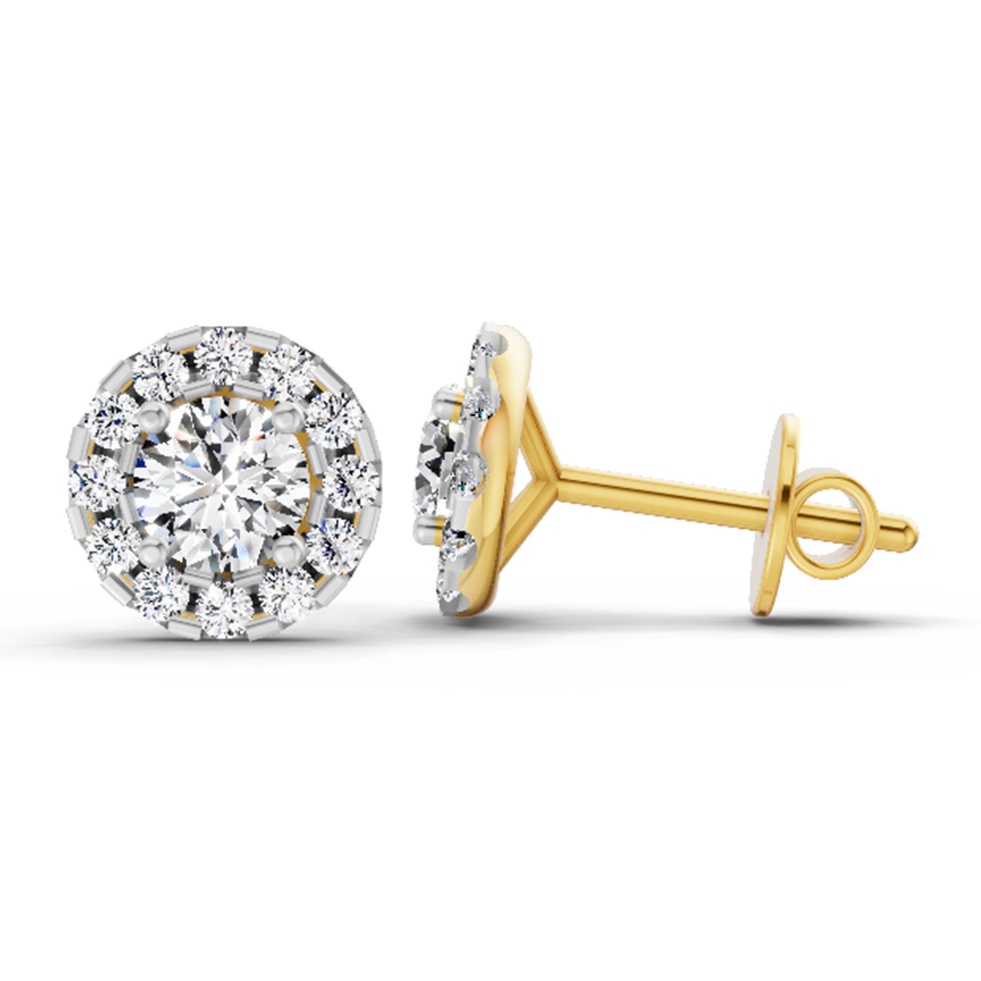 1 Ct Round Halo Stud Earrings | 14K Yellow Gold