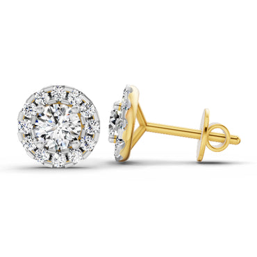 1 Ct Round Halo Stud Earrings | 14K Yellow Gold
