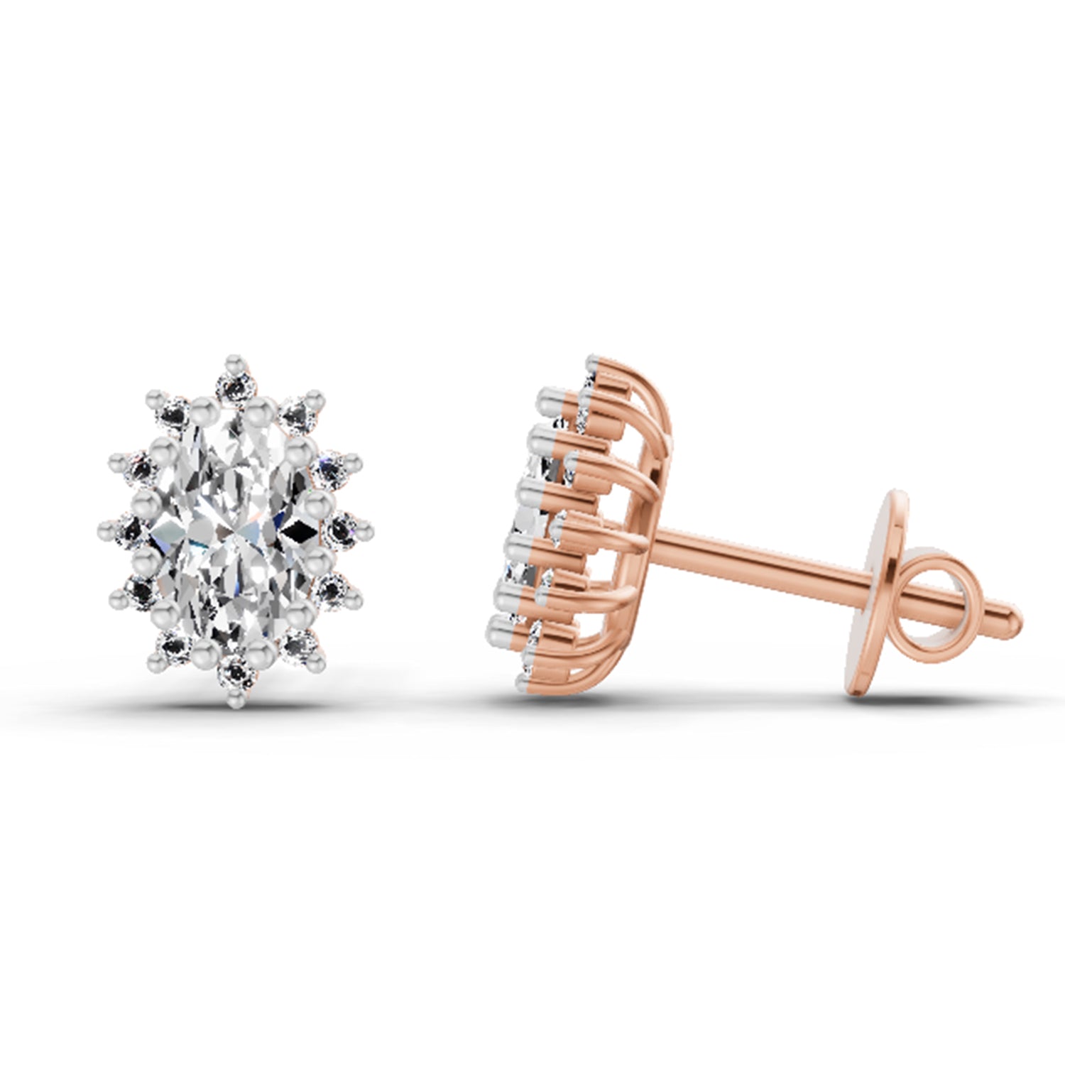 0.98 Ct Oval Shape Halo Diamond Earrings | 14K Rose Gold