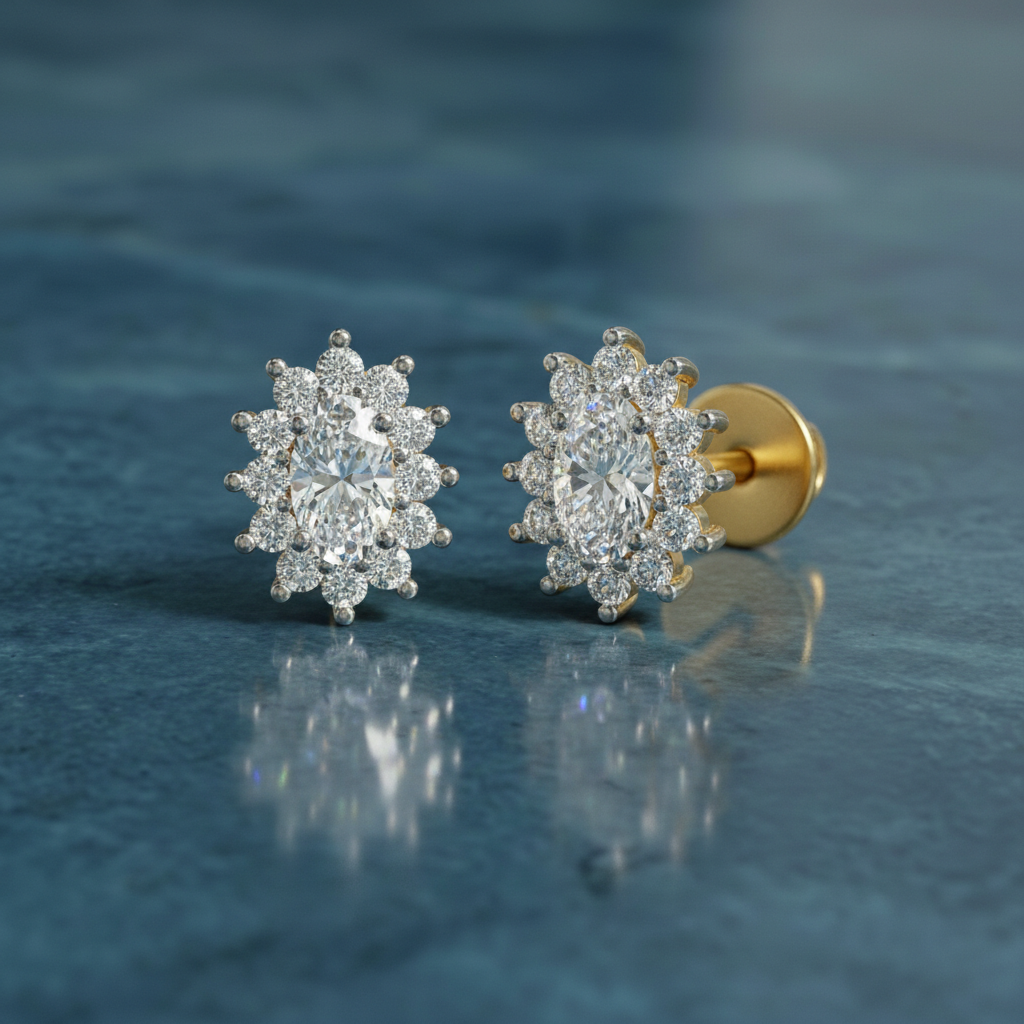 0.69 Ct Oval Halo Stud Earrings | 14K Rose Gold