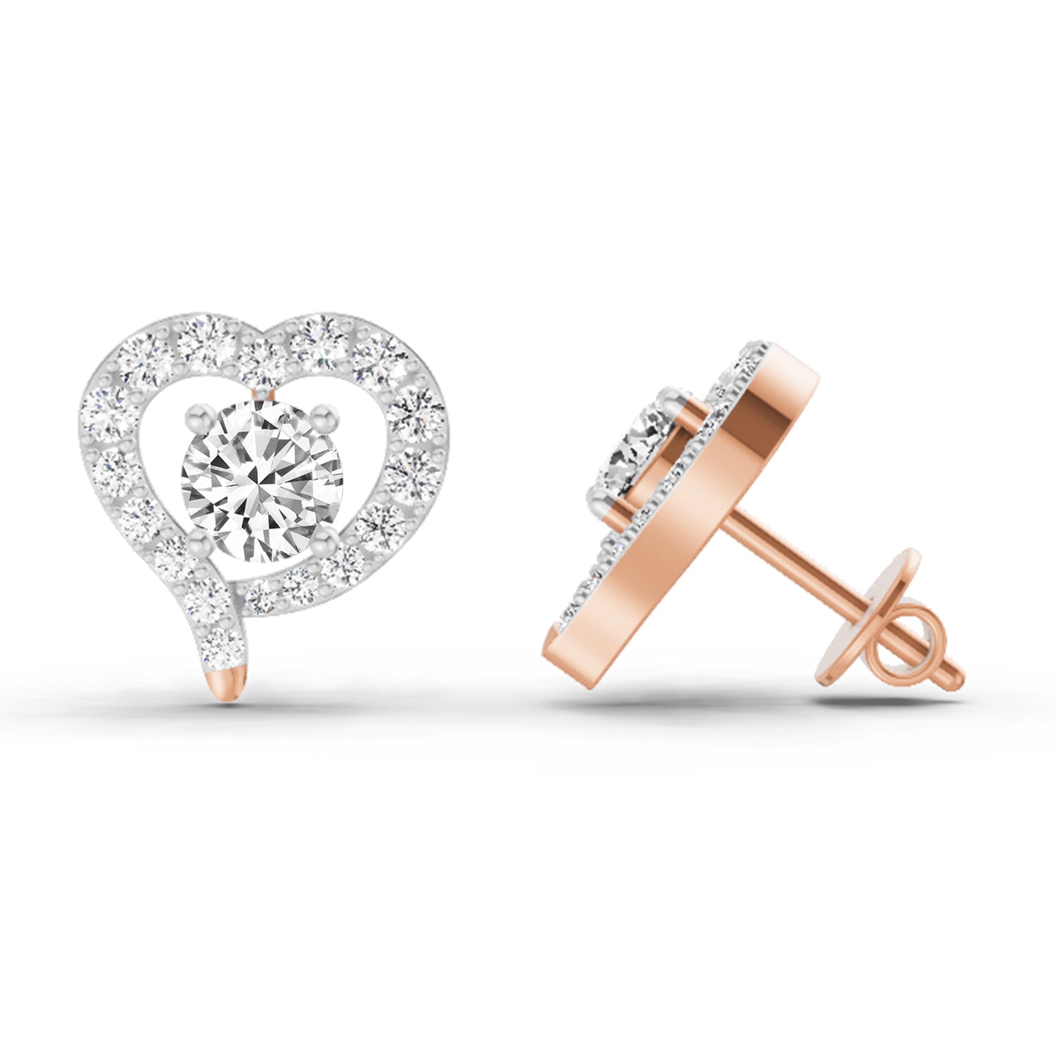 1.64 Ct Round Halo Heart Shape Earrings |  14K Rose Gold