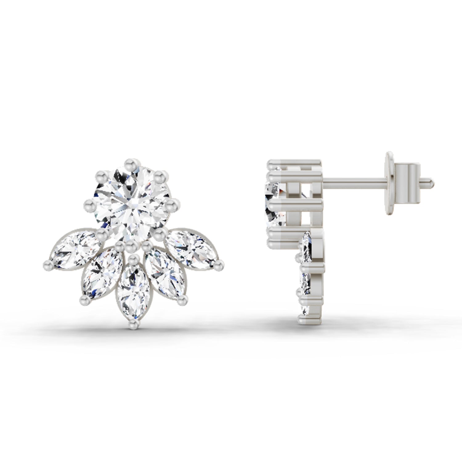 2.7 Ct Round & Marquise Cluster Earrings |  14K White Gold