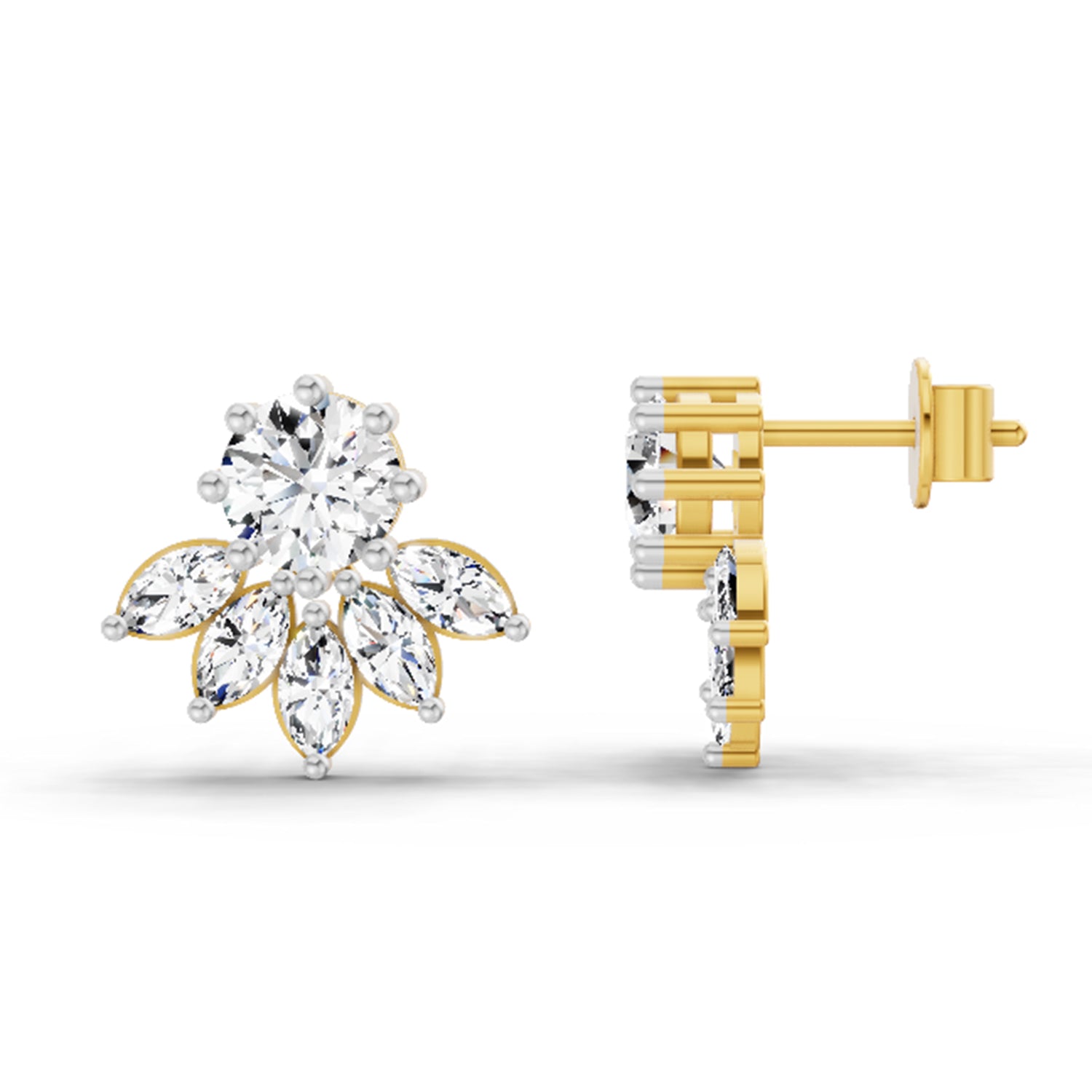 2.7 Ct Round & Marquise Cluster Earrings |  14K Yellow Gold