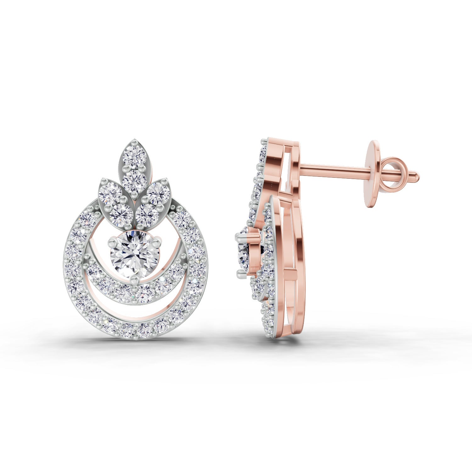 0.91 Ct  Round Shape Diamond Halo Cluster Stud Earrings | 14K Rose Gold