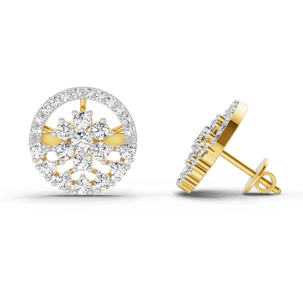 1.28 Ct Round Floral Halo Stud Earrings | 14K Yellow Gold