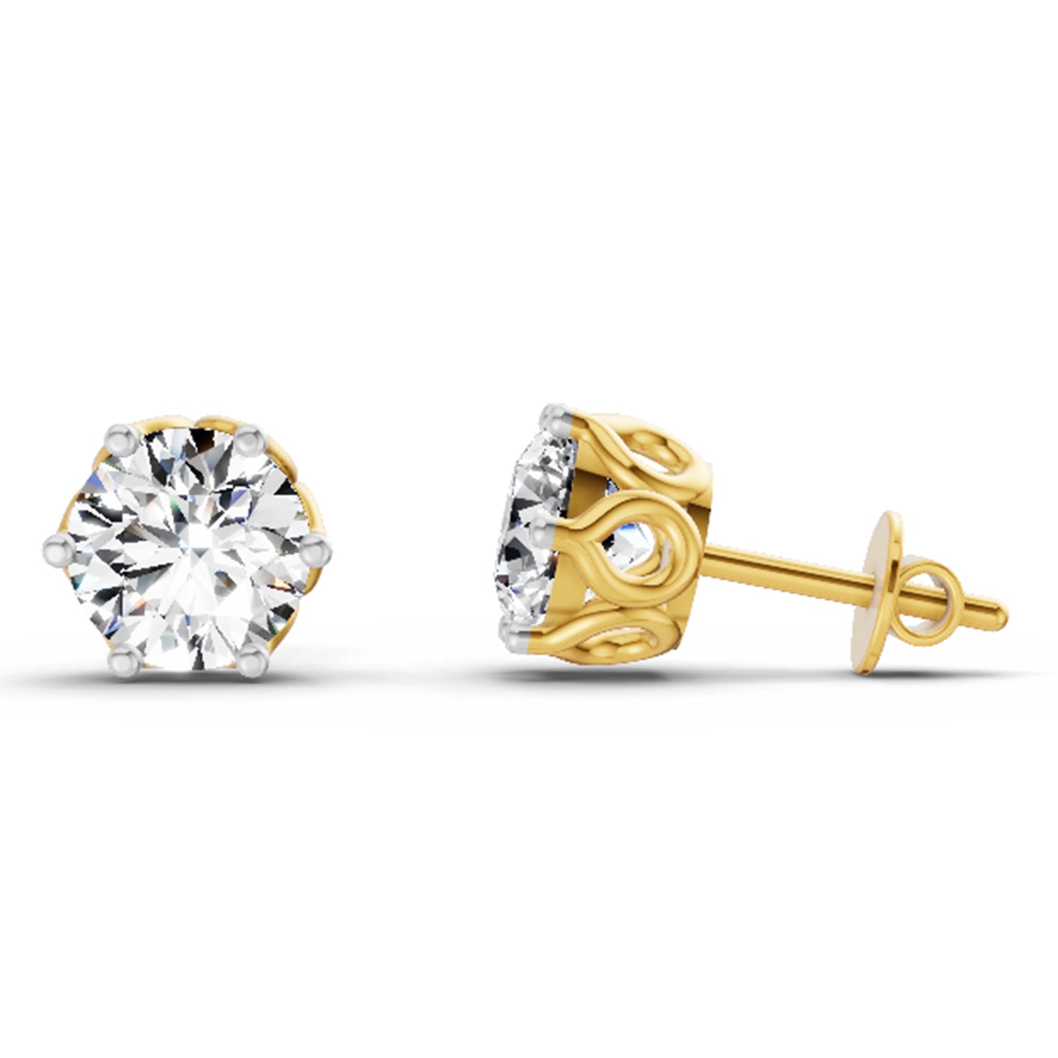 2.28 Ct Round Shape 6 Prong Solitaire Diamond Stud Earrings | 14K Yellow Gold