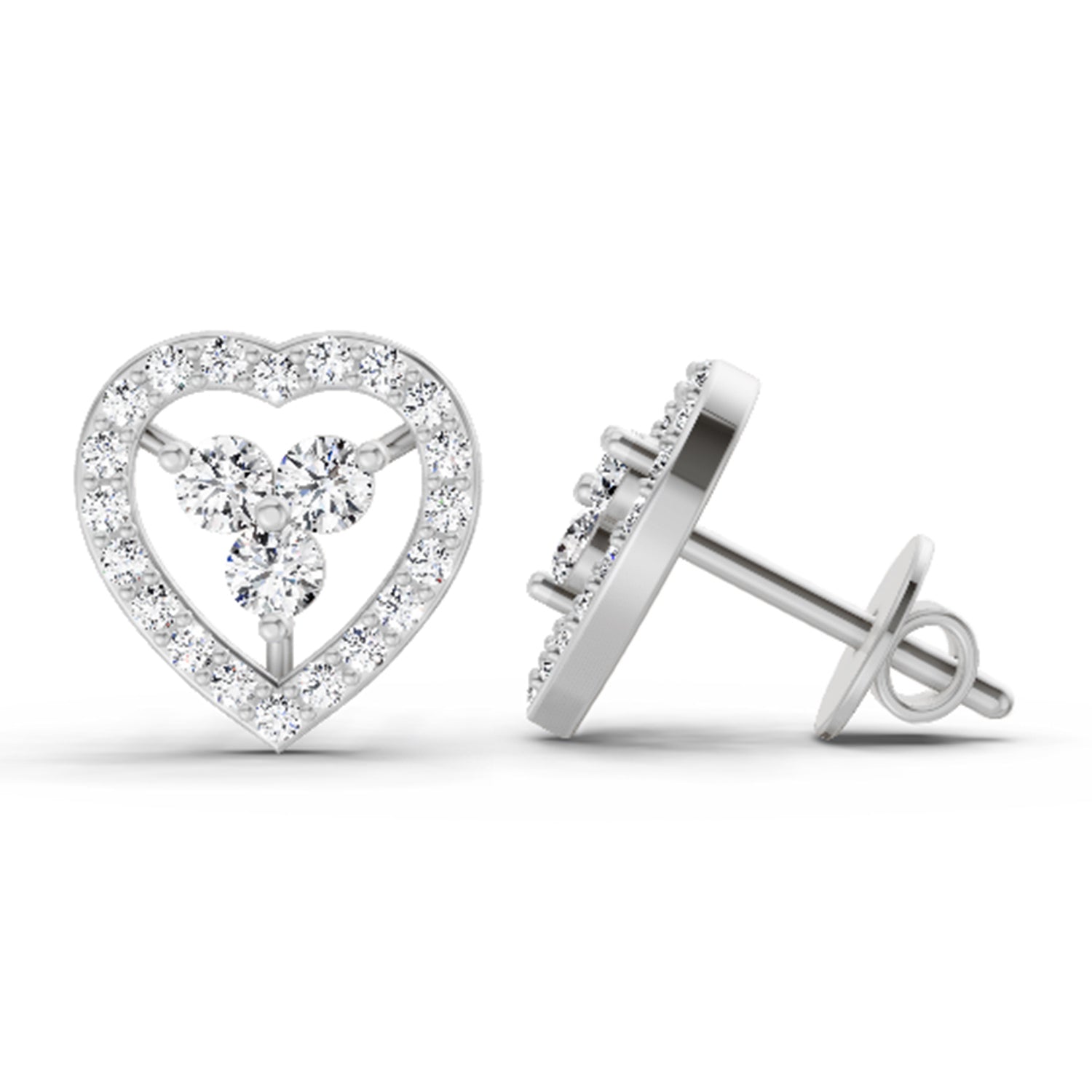 0.63 Ct  Heart Shape 3 Stone Round Shape Diamond Stud Earrings | 14K White Gold