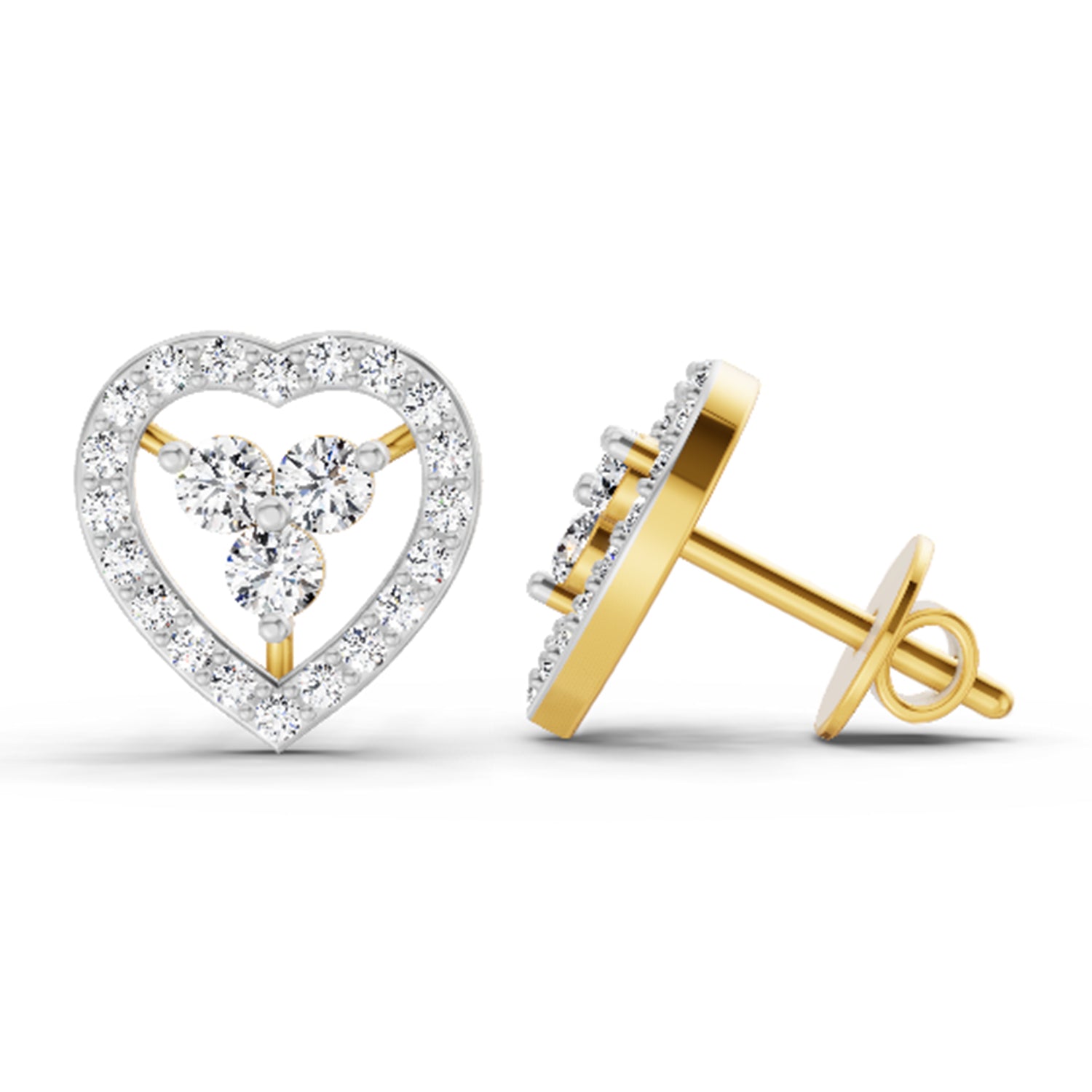 0.63 Ct  Heart Shape 3 Stone Round Shape Diamond Stud Earrings | 14K Yellow Gold