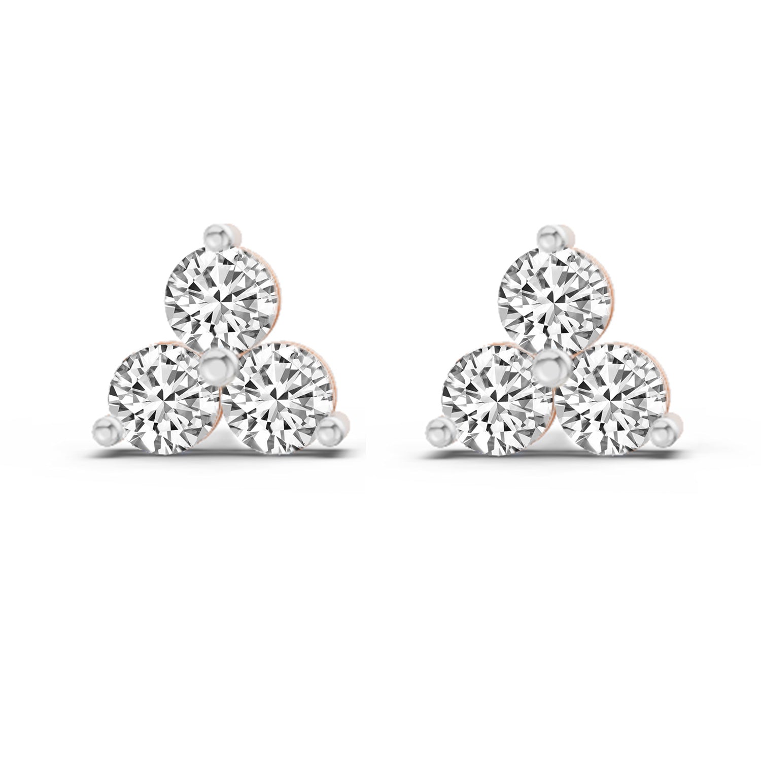 1 Ct  Round Shape Diamond 3 Stone Stud Earrings | 14K Rose Gold