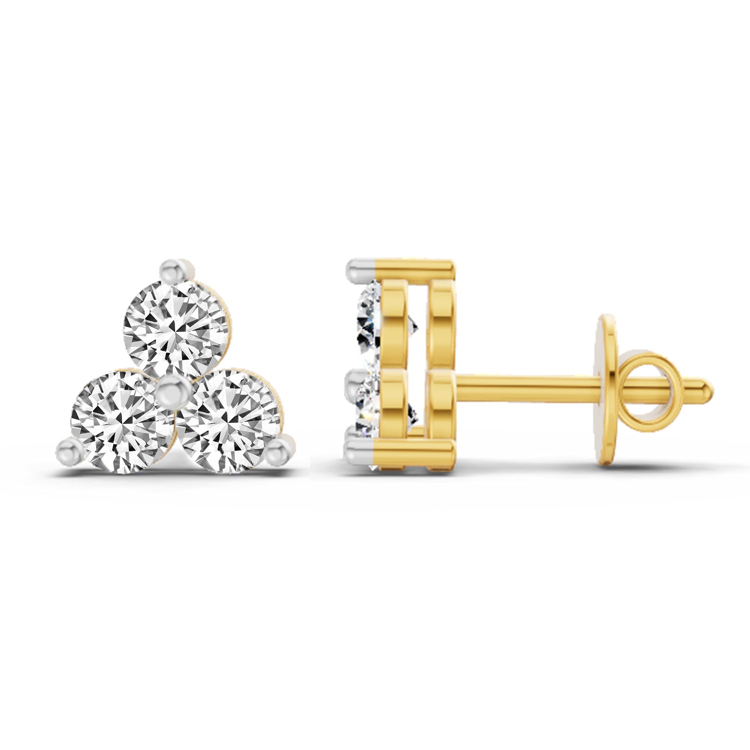 1 Ct  Round Shape Diamond 3 Stone Stud Earrings | 14K Rose Gold