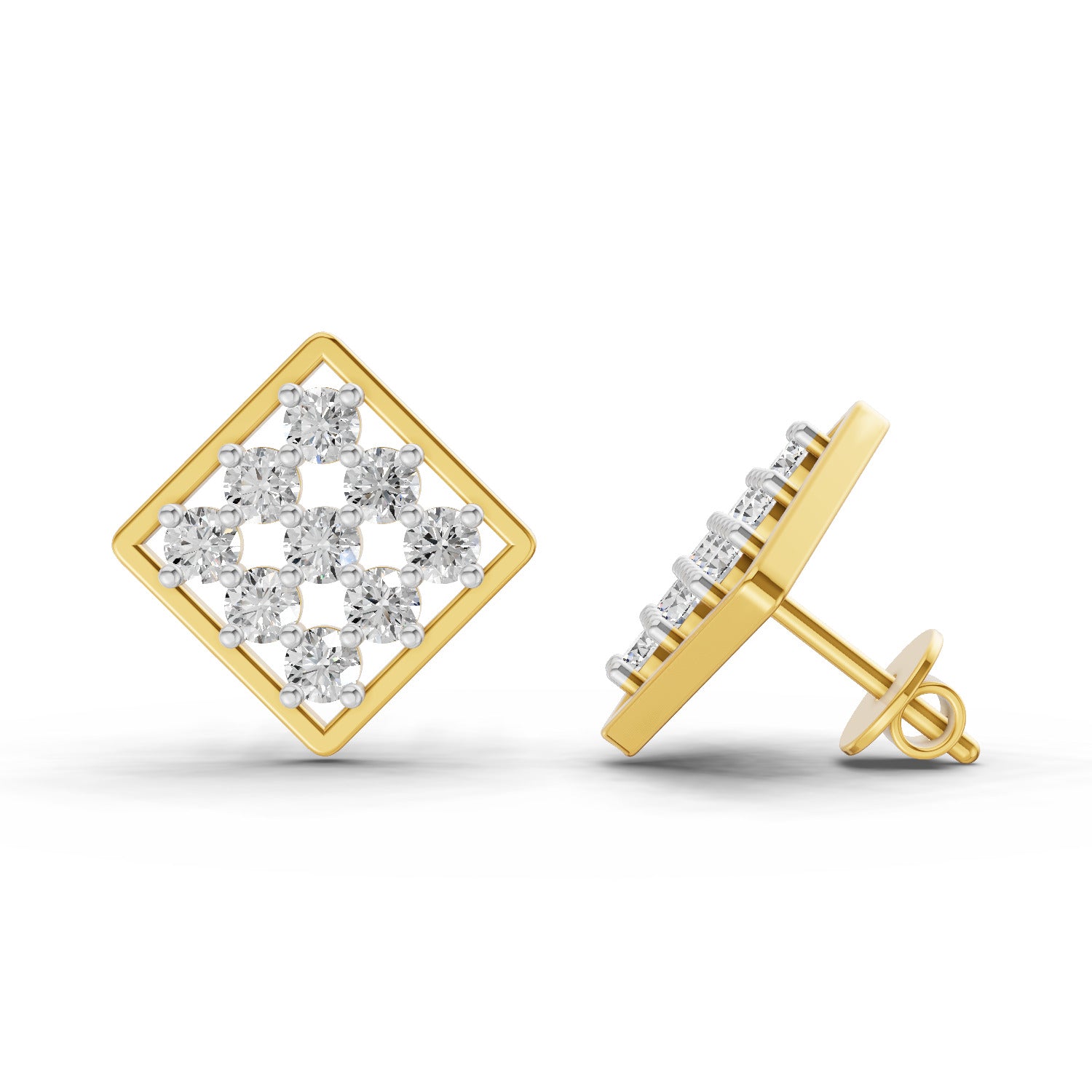 1 Carat Round Shape | 925 Sterling Silver Yellow Gold Plated Square Fashion Earrings