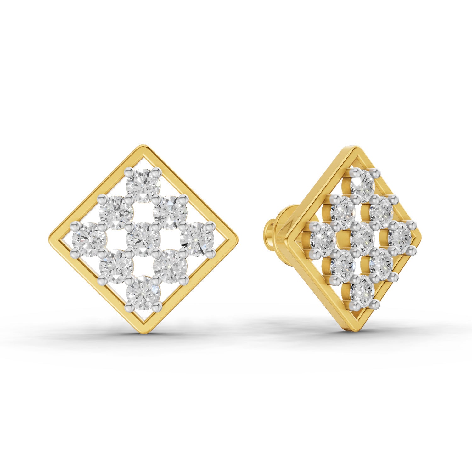 1 Carat Round Shape | 925 Sterling Silver Yellow Gold Plated Square Fashion Earrings