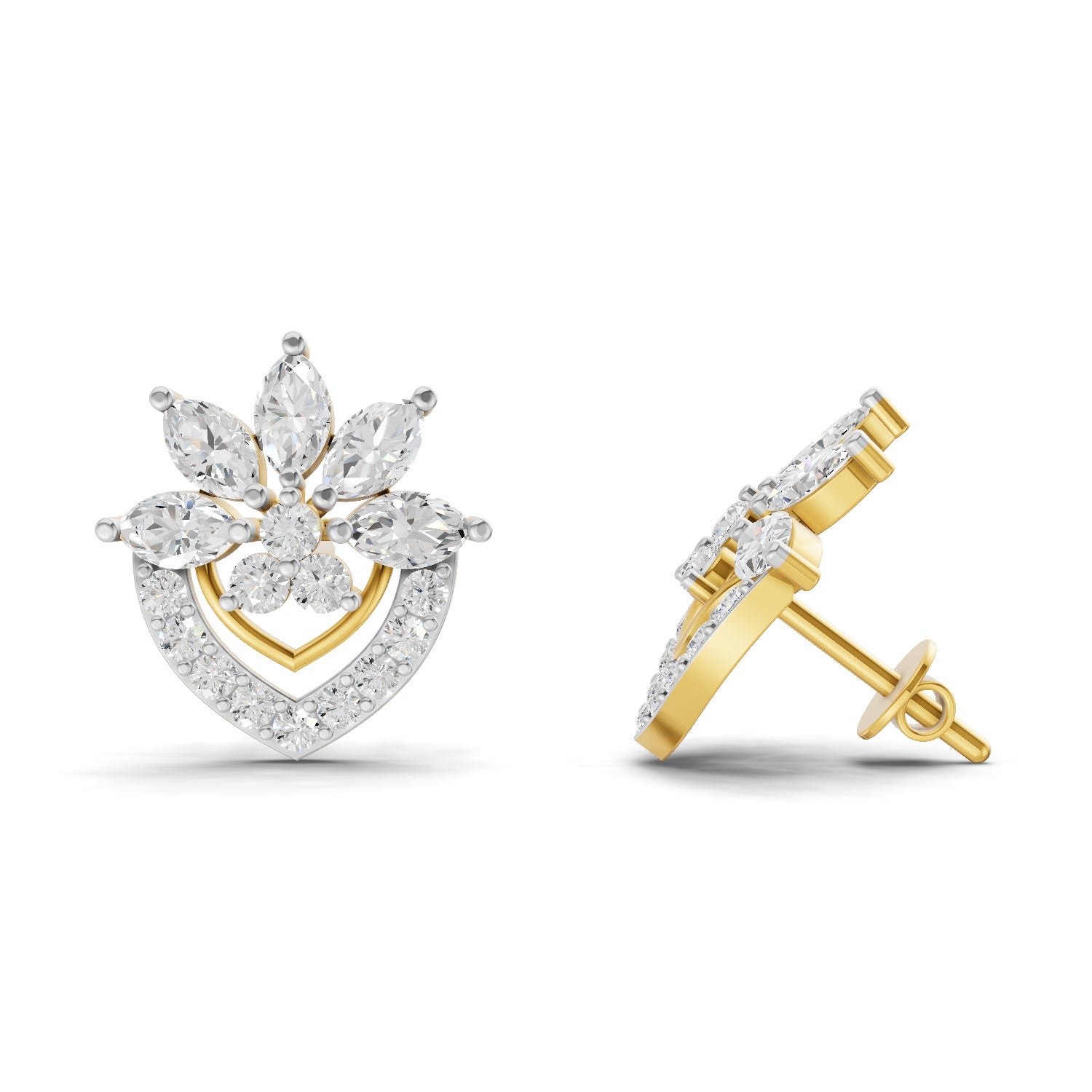 1.53 Carat Round & Marquise Shape | 925 Sterling Silver Yellow Gold Plated Floral Earrings