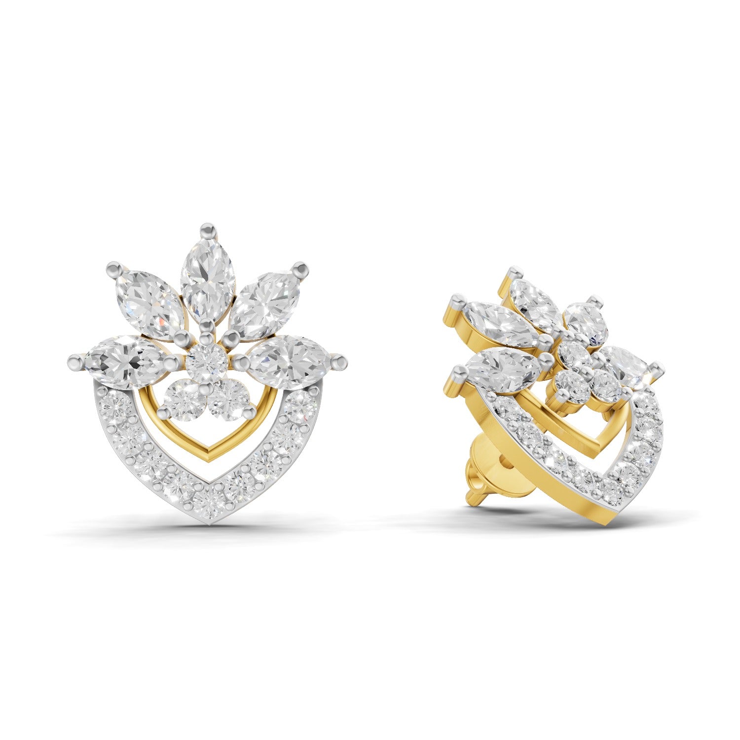 1.53 Carat Round & Marquise Shape | 925 Sterling Silver Yellow Gold Plated Floral Earrings