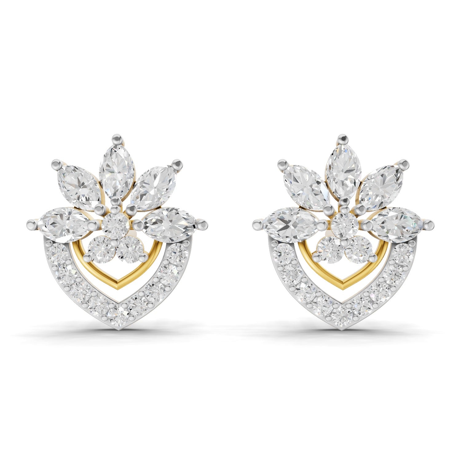 1.53 Carat Round & Marquise Shape | 925 Sterling Silver Yellow Gold Plated Floral Earrings