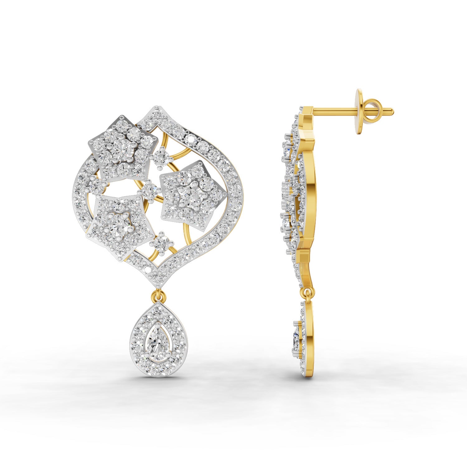 2.85 Carat IGI Certified Round & Pear Shape F-G VS Quality Diamond | 925 Sterling Silver Gold Plated Fashion Earrings