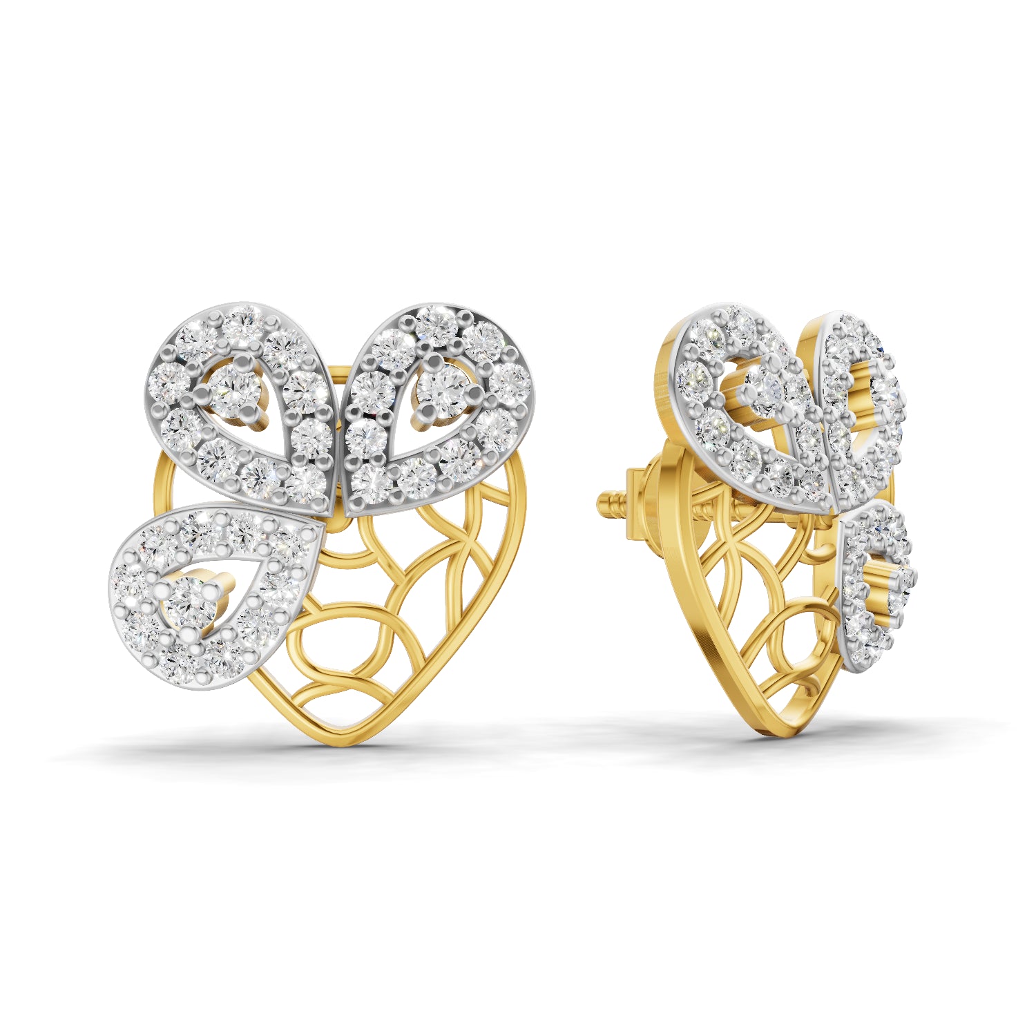 0.77 Carat Round Shape | 925 Sterling Silver Gold Plated Heart Butterfly Gold Stud Earrings