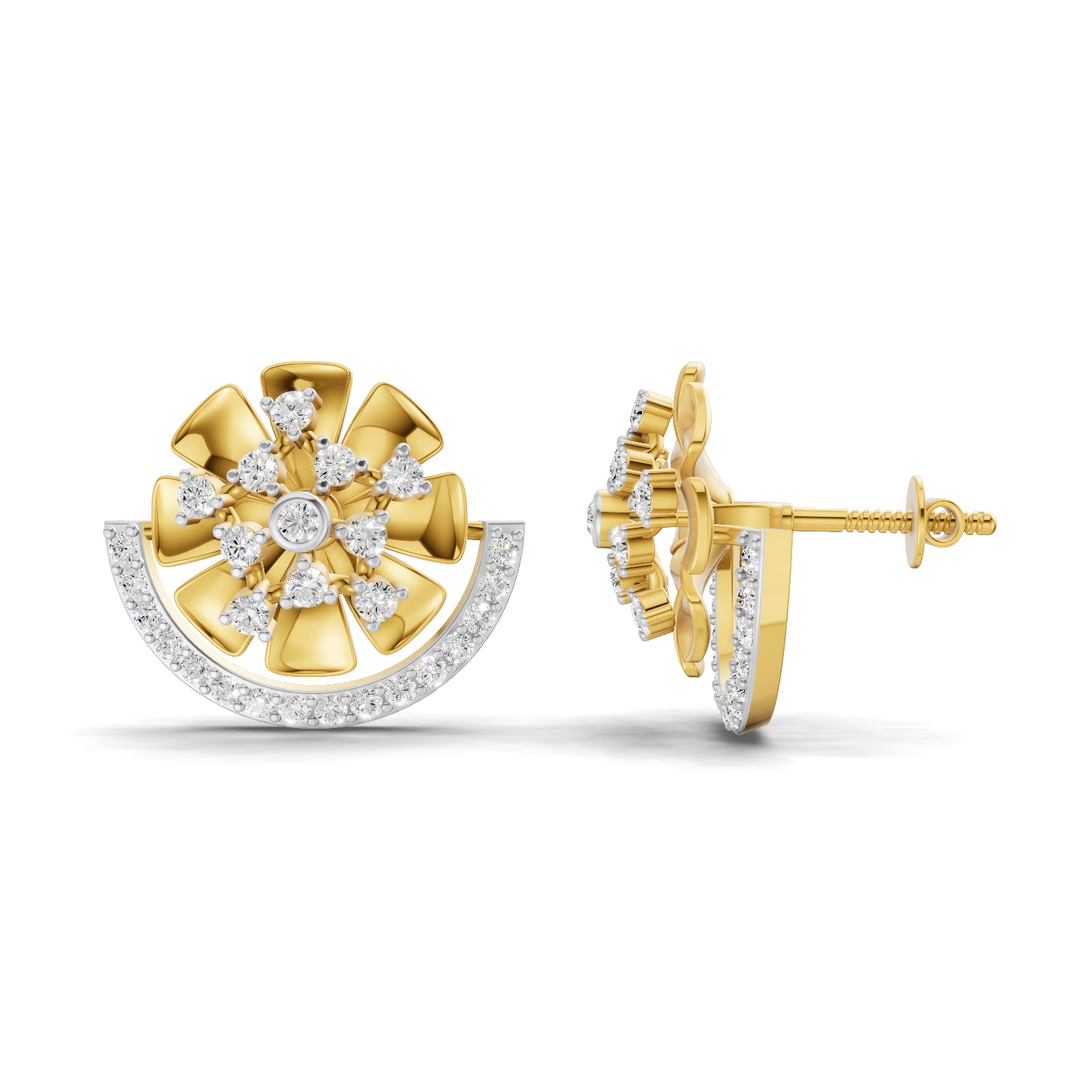 0.69 Carat Round Shape | 925 Sterling Silver Gold Plated Semi Circle Diamond Stud Earrings