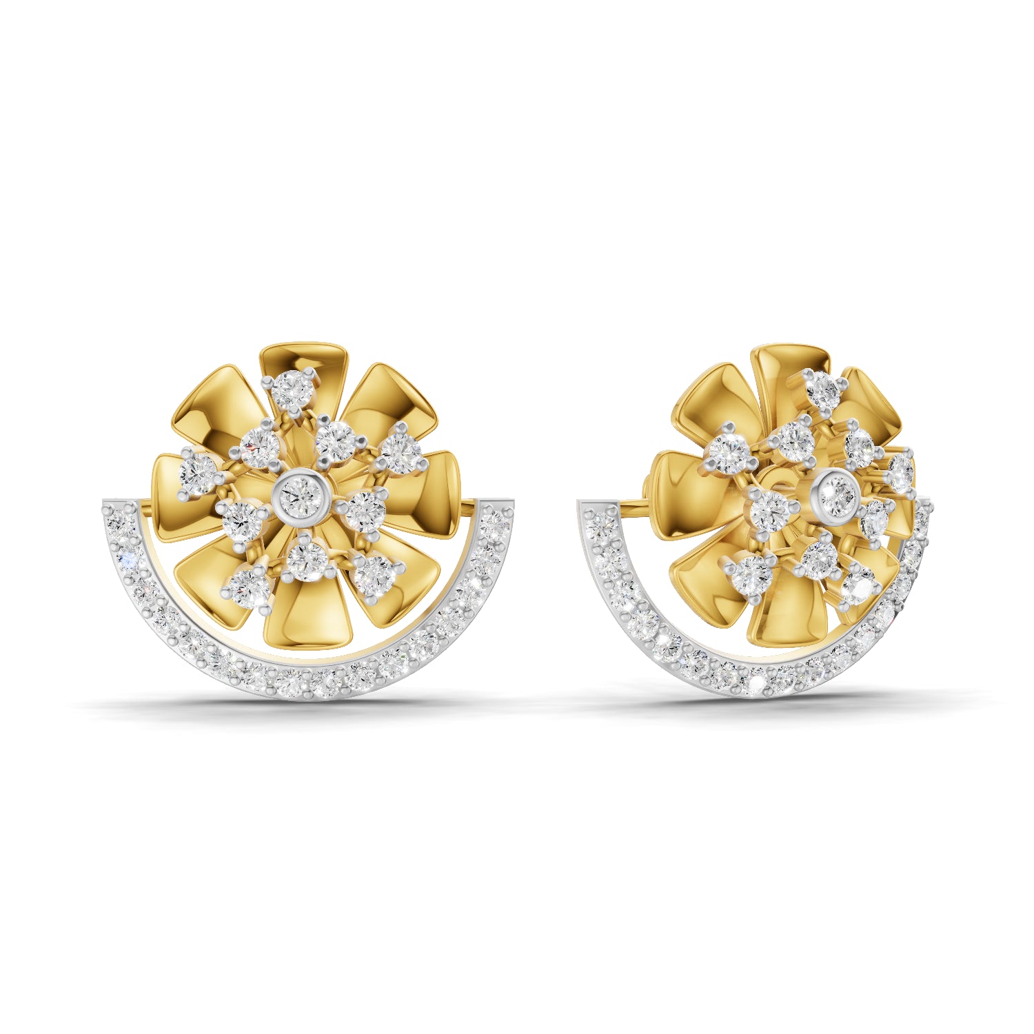 0.69 Carat Round Shape | 925 Sterling Silver Gold Plated Semi Circle Diamond Stud Earrings