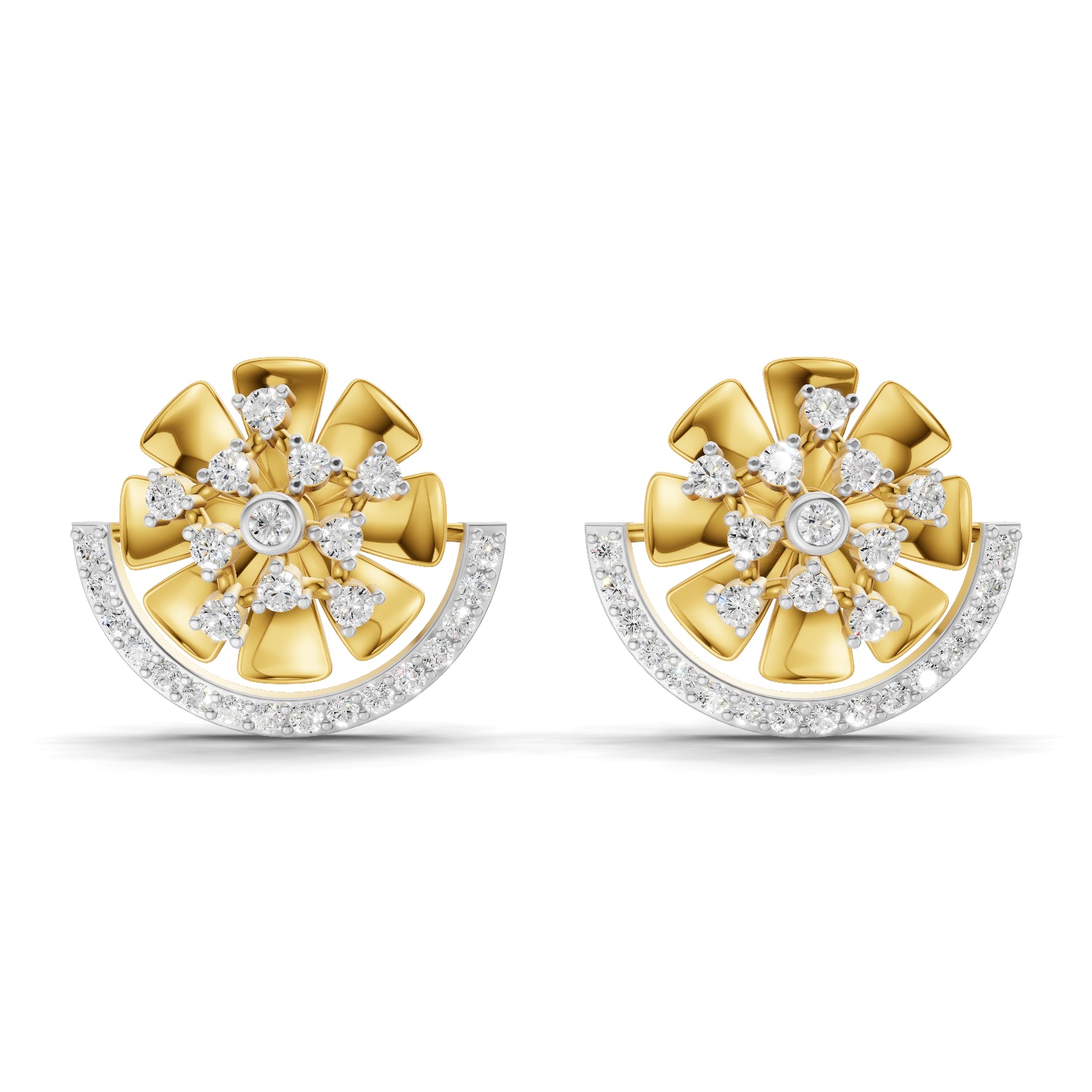 0.69 Carat Round Shape | 925 Sterling Silver Gold Plated Semi Circle Diamond Stud Earrings
