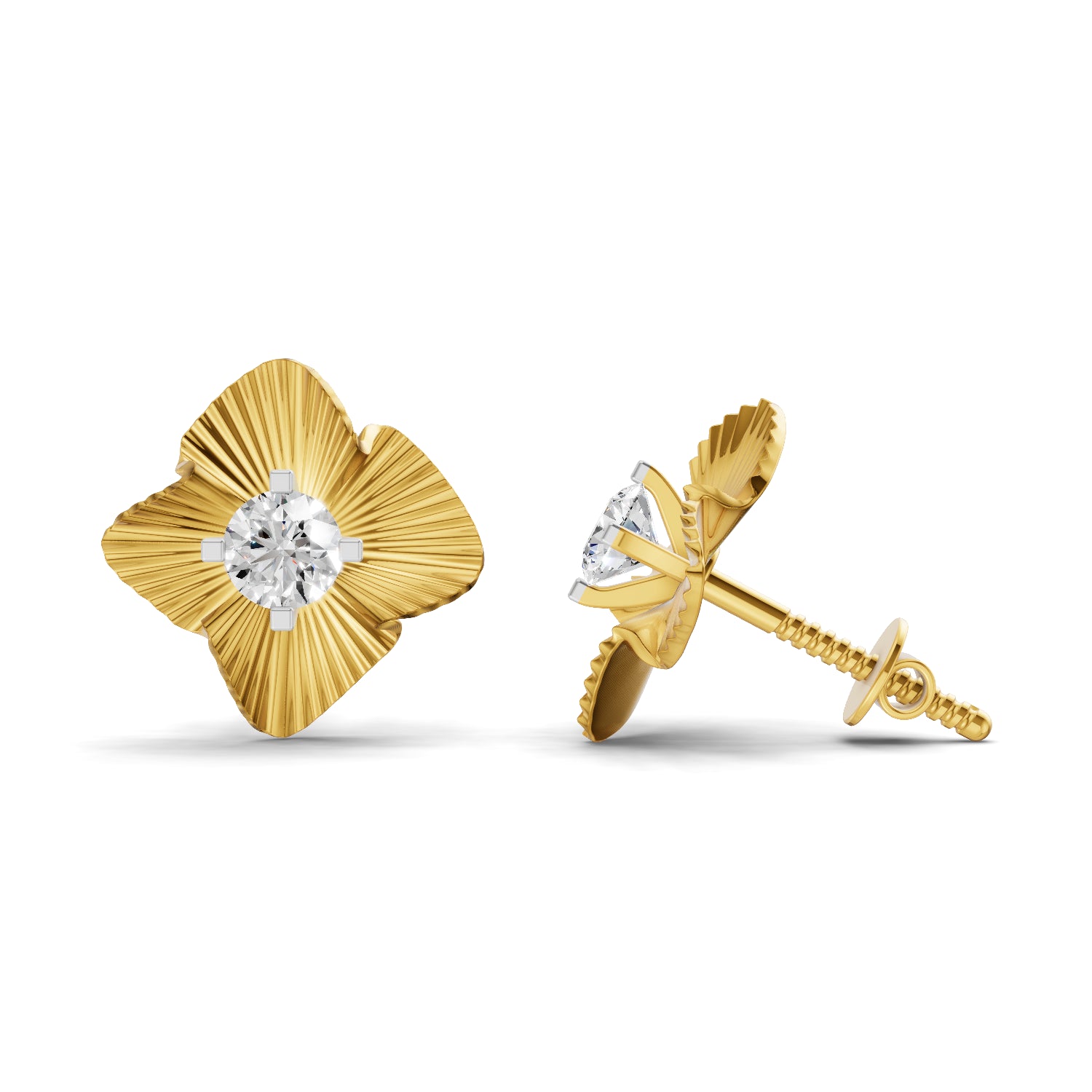 0.49 Carat Round Shape | 925 Sterling Silver Gold Plated Textured Sunburst Stud Earrings