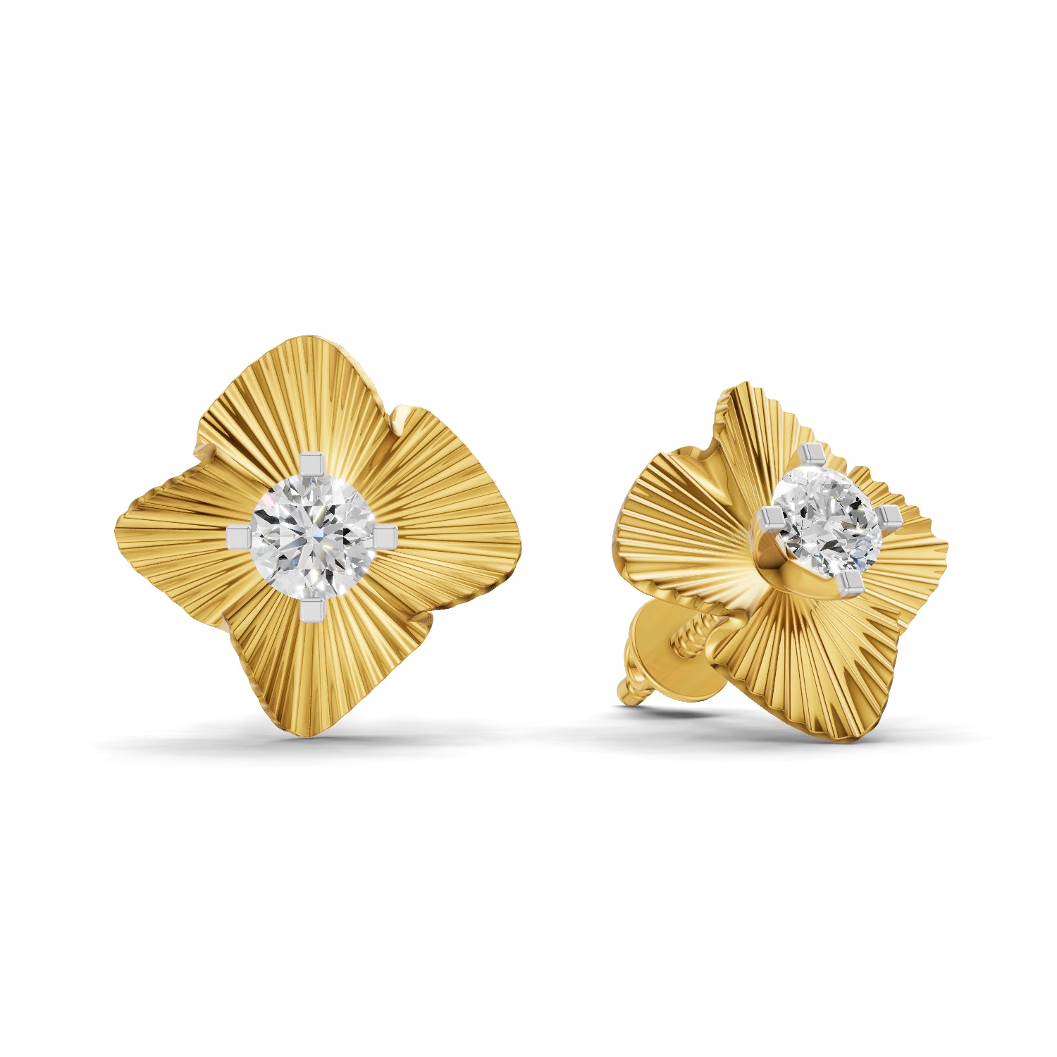 0.49 Carat Round Shape | 925 Sterling Silver Gold Plated Textured Sunburst Stud Earrings