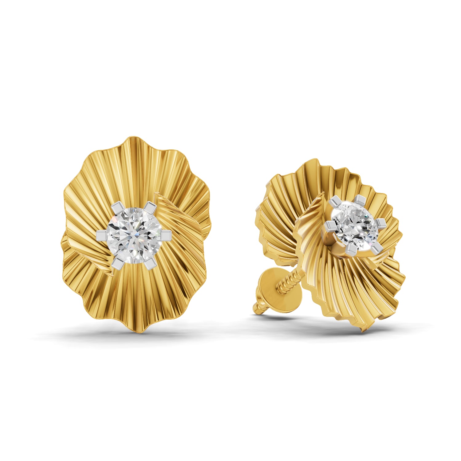 0.49 Carat Round Shape | 925 Sterling Silver Gold Plated Ruffled Gold Diamond Stud Earrings