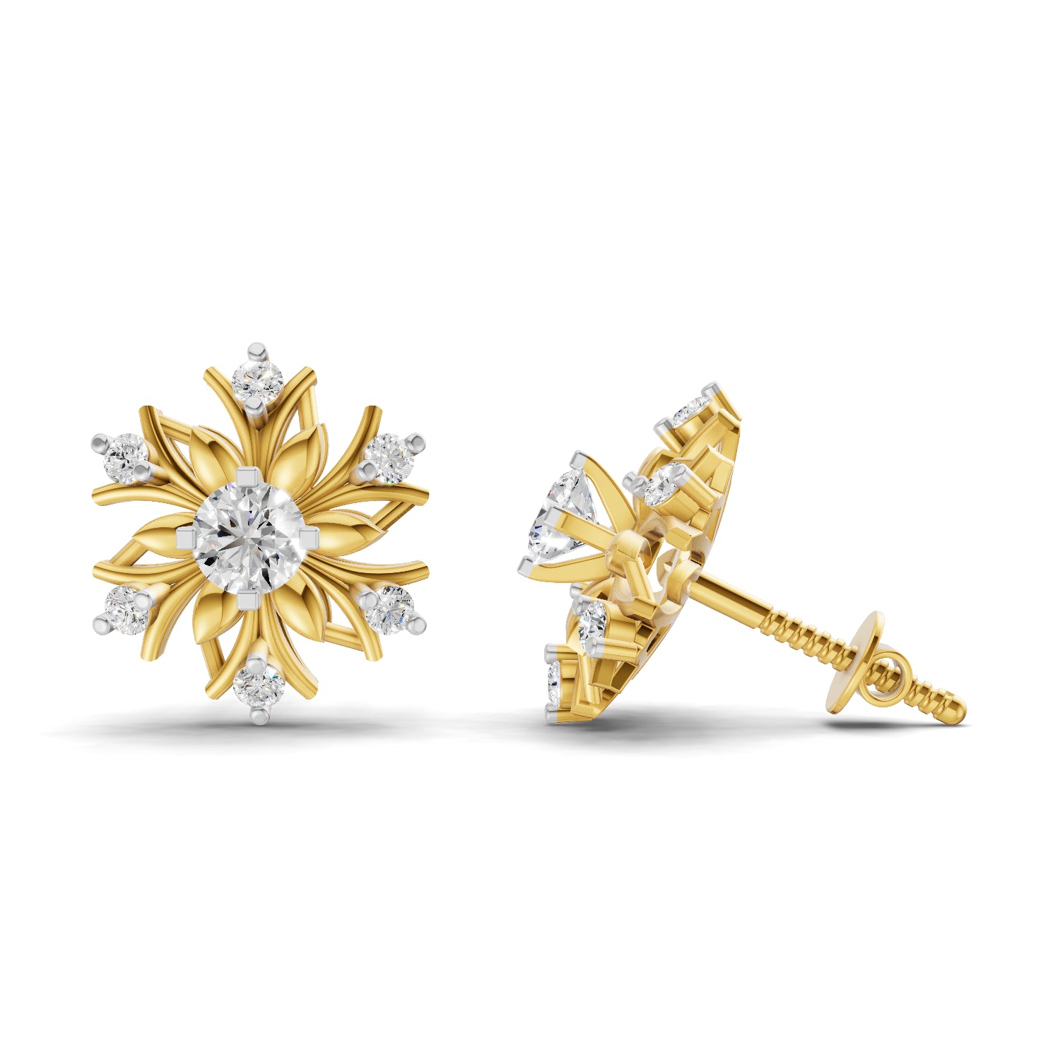 0.66 Carat Round Shape | 925 Sterling Silver Gold Plated Floral Grace Stud Earrings