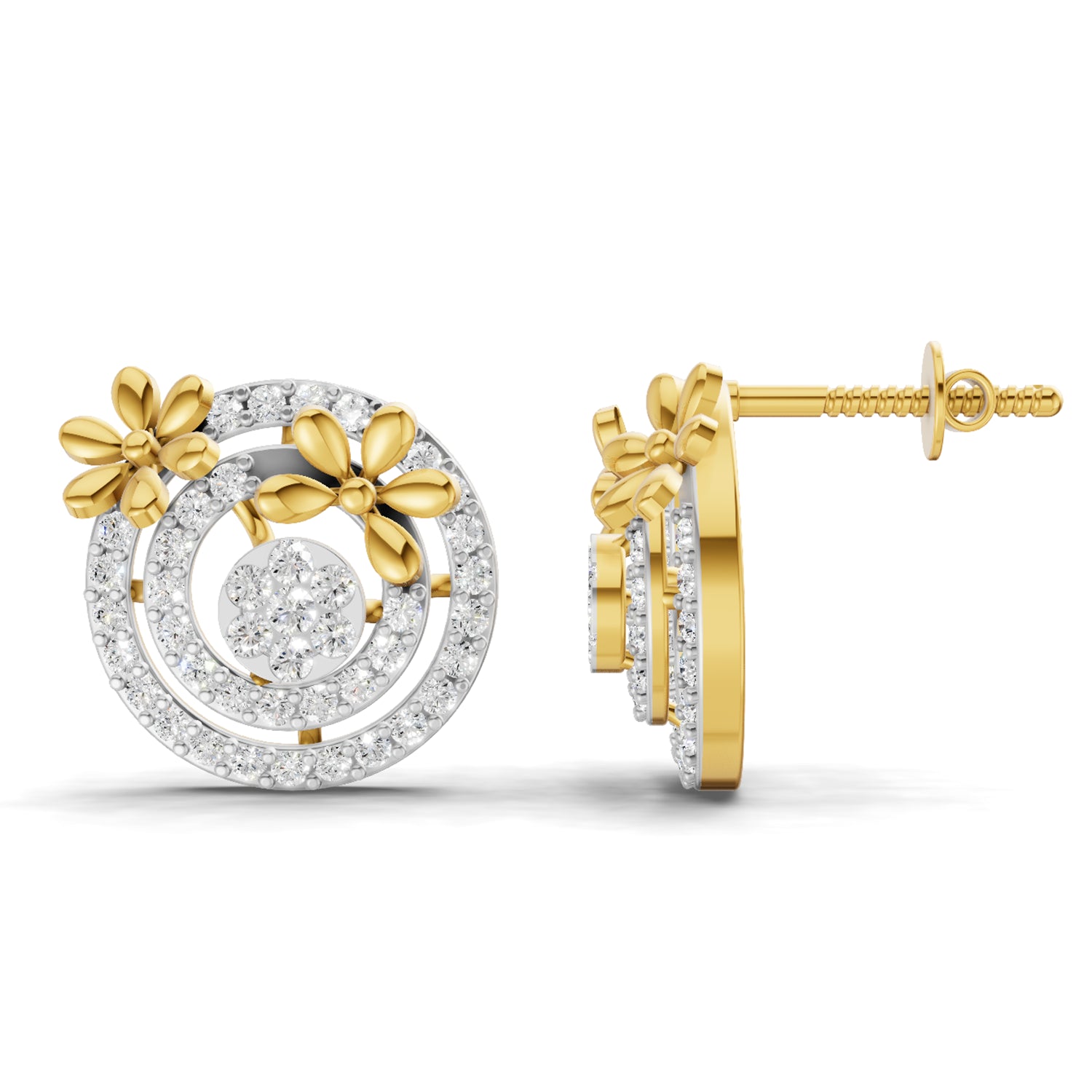 1.04 Carat | 925 Sterling Silver Gold Plated Floral and Circle Diamond Earrings