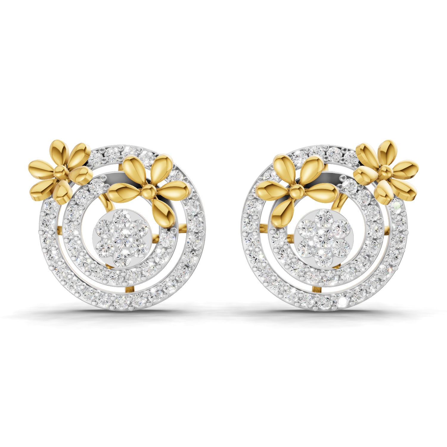 1.04 Carat | 925 Sterling Silver Gold Plated Floral and Circle Diamond Earrings
