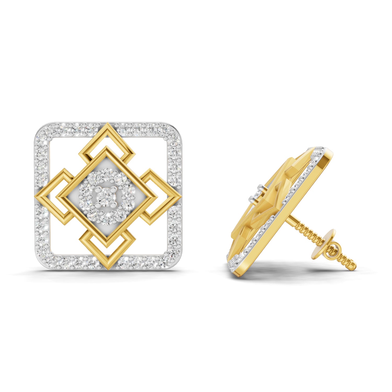 0.89 Carat | 925 Sterling Silver Gold Plated Square Diamond Studs Earrings
