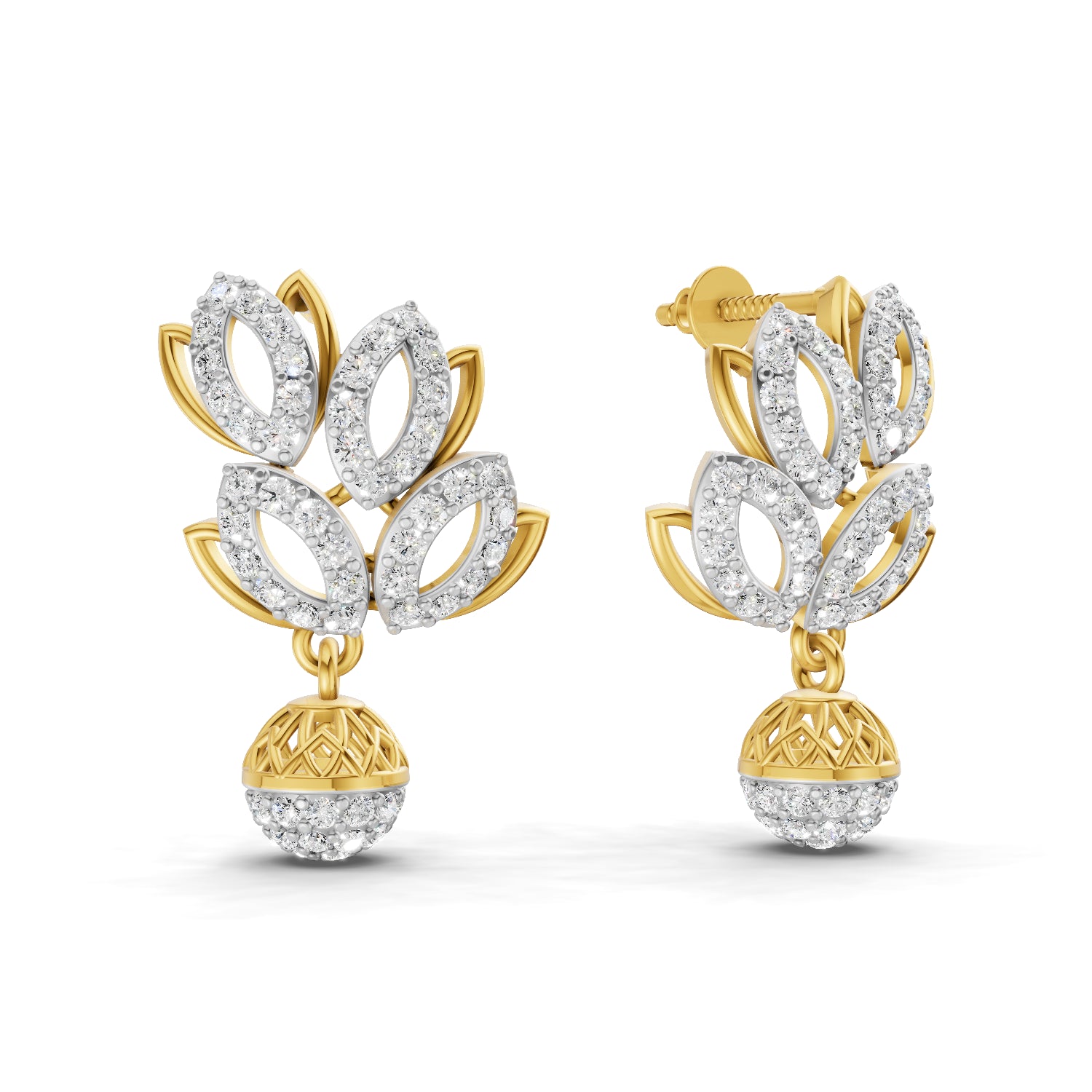 1.62 Carat | 925 Sterling Silver Gold Plated Leaf and Ball Earrings