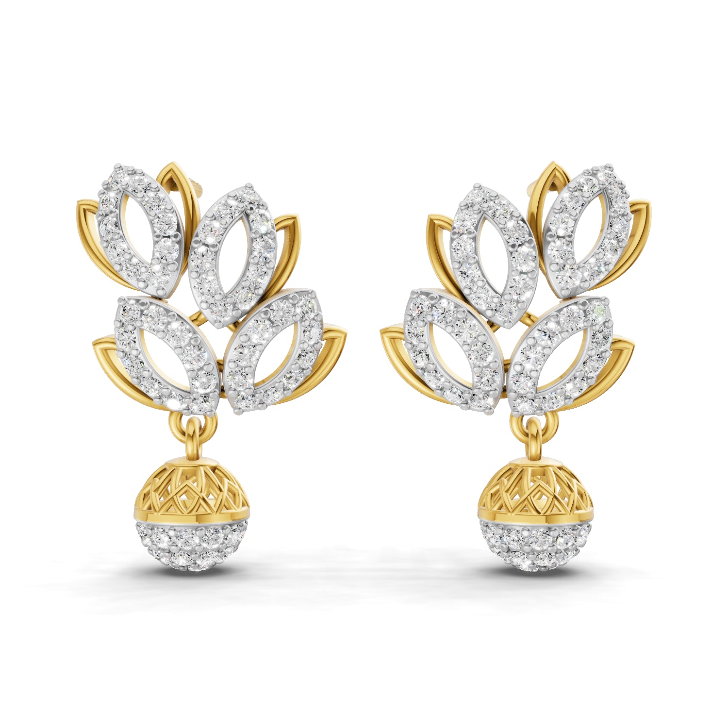 1.62 Carat | 925 Sterling Silver Gold Plated Leaf and Ball Earrings