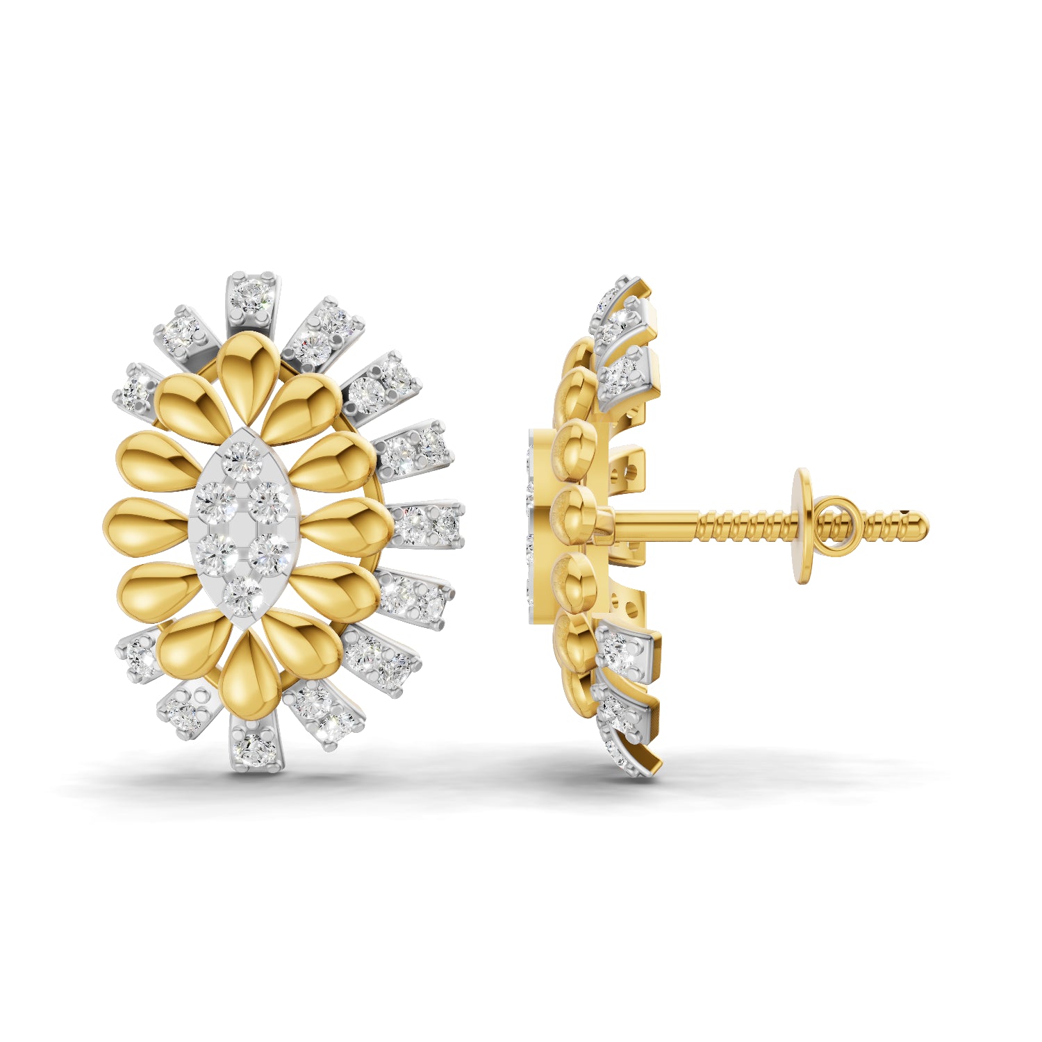0.44 Carat Round Shape | 925 Sterling Silver Gold Plated Two-Tone Floral Cluster Stud Earrings