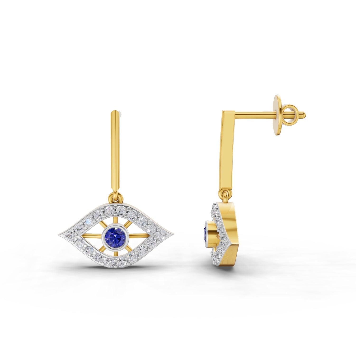 0.43 Carat Round Shape | 925 Sterling Silver Gold Plated Nazar Amulet Drop Stud Earrings
