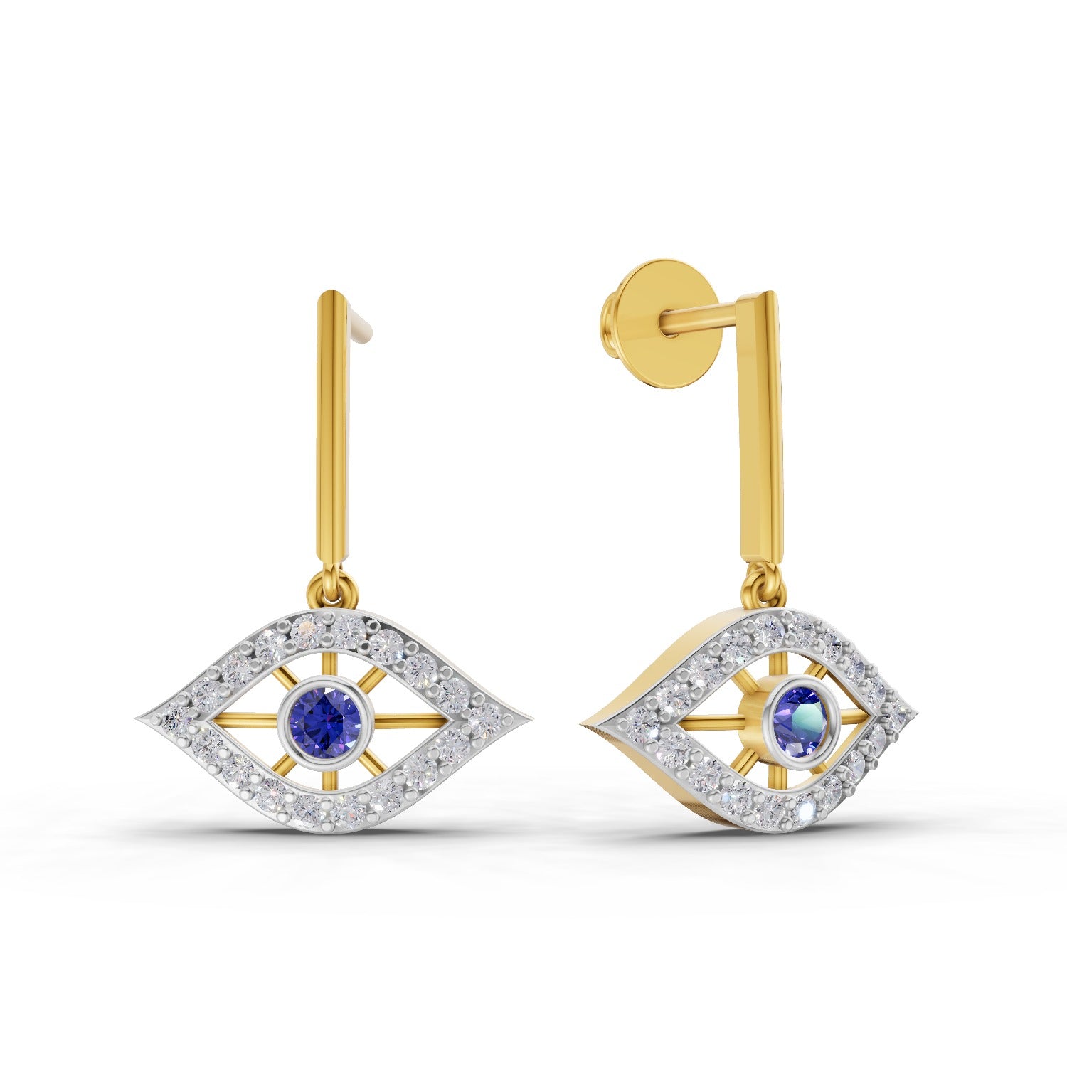 0.43 Carat Round Shape | 925 Sterling Silver Gold Plated Nazar Amulet Drop Stud Earrings