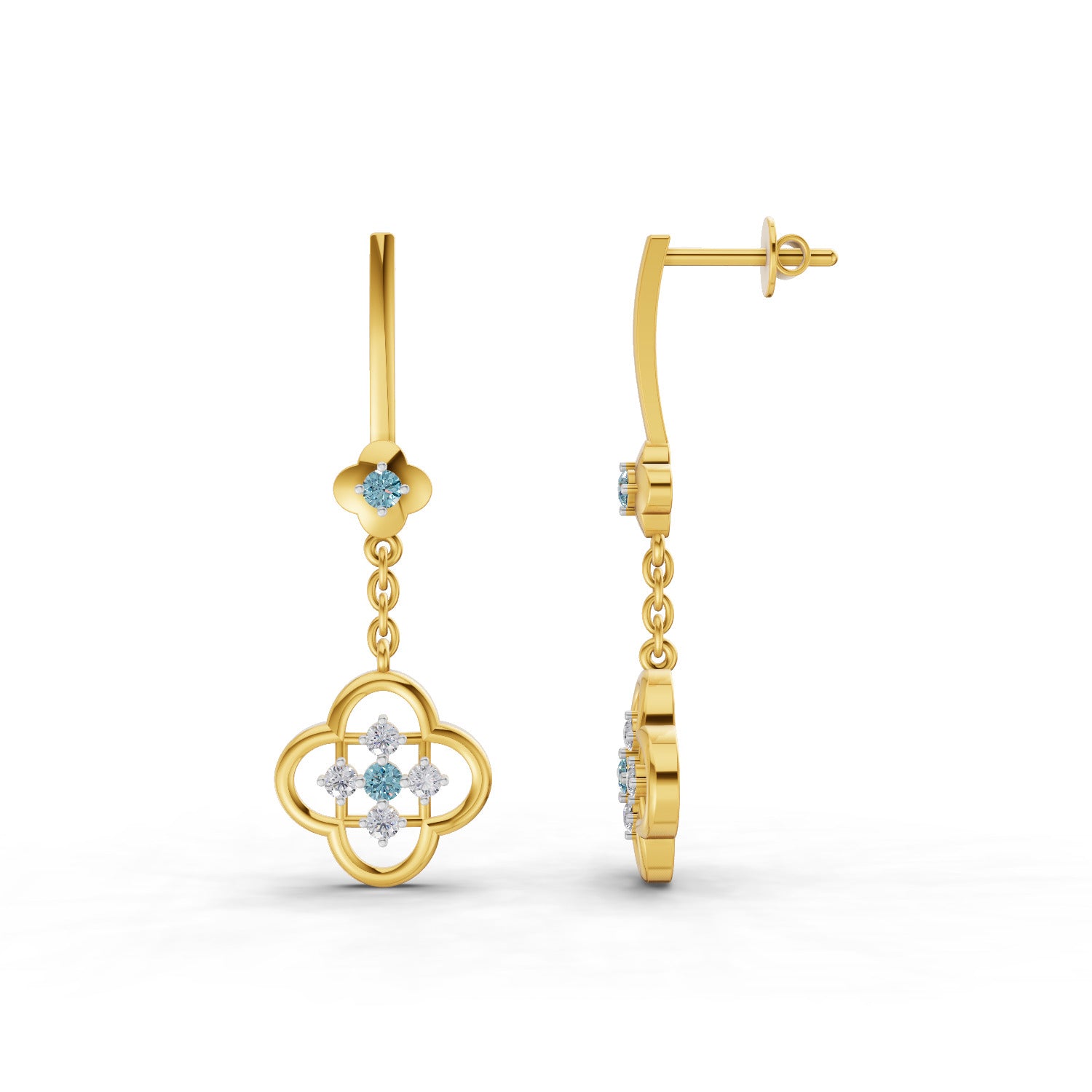 0.17 Carat Round Shape | 925 Sterling Silver Gold Plated Clover Dangle Stud Earrings