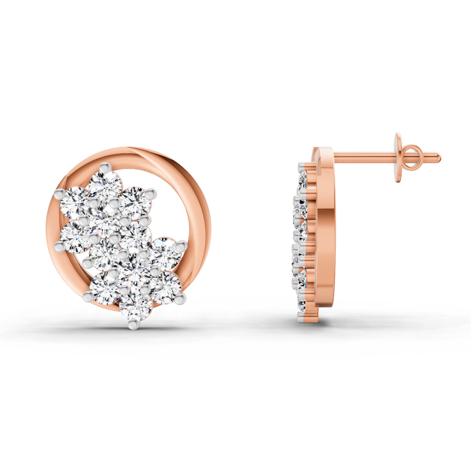 1.82 Ct Round Shape Cluster Diamond Earrings | 14K Rose Gold