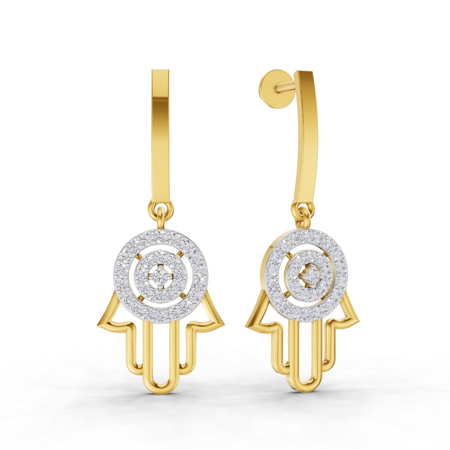 0.58 Round Shape| 925 Sterling Silver Gold Plated Hamsa Hand Drop Earrings
