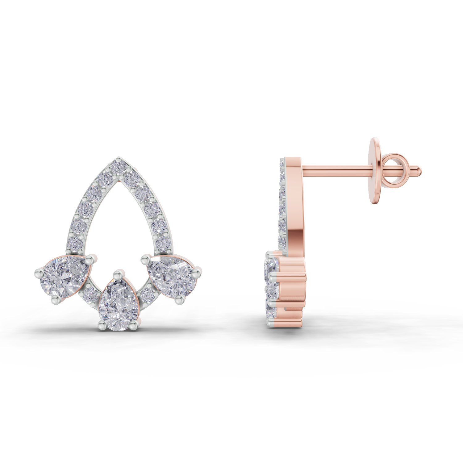 1.04 Carat Triple Pear Halo Studs Earrings| 14K Rose Gold