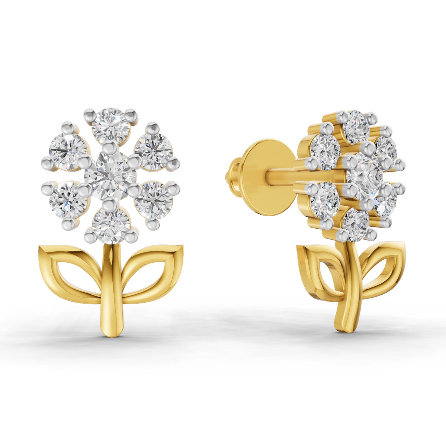 0.39 Carat Round Shape | 925 Sterling Silver Gold Plated Floral Diamond Cluster Stud Earrings