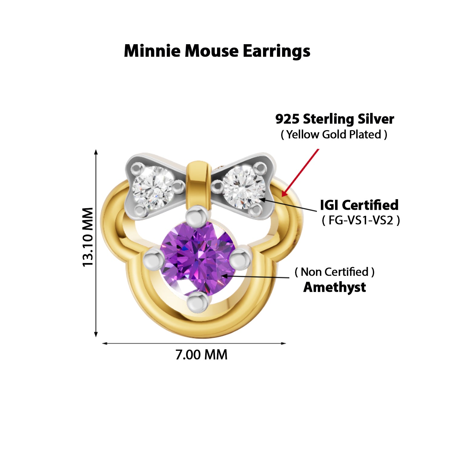 0.02 Carat  | 925 Sterling Silver Yellow Gold Plated Minnie Mouse Earrings