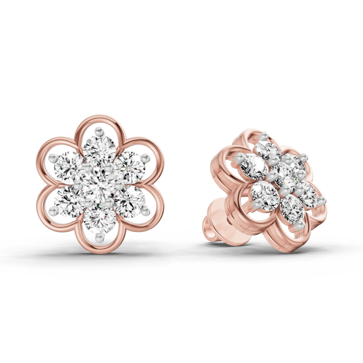 1.20 Ct Round Shape Floral Cluster Diamond Stud Earrings | 14K Rose Gold